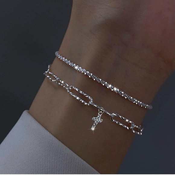 Cross 2 Piece .925 Sterling Silver Paperclip Chain Style Layered Bracelet Set - Picture 2 of 6
